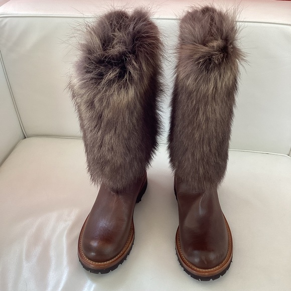 NEW Brunello Cucinelli Brown Leather Fur Boots 6 - Picture 3 of 14